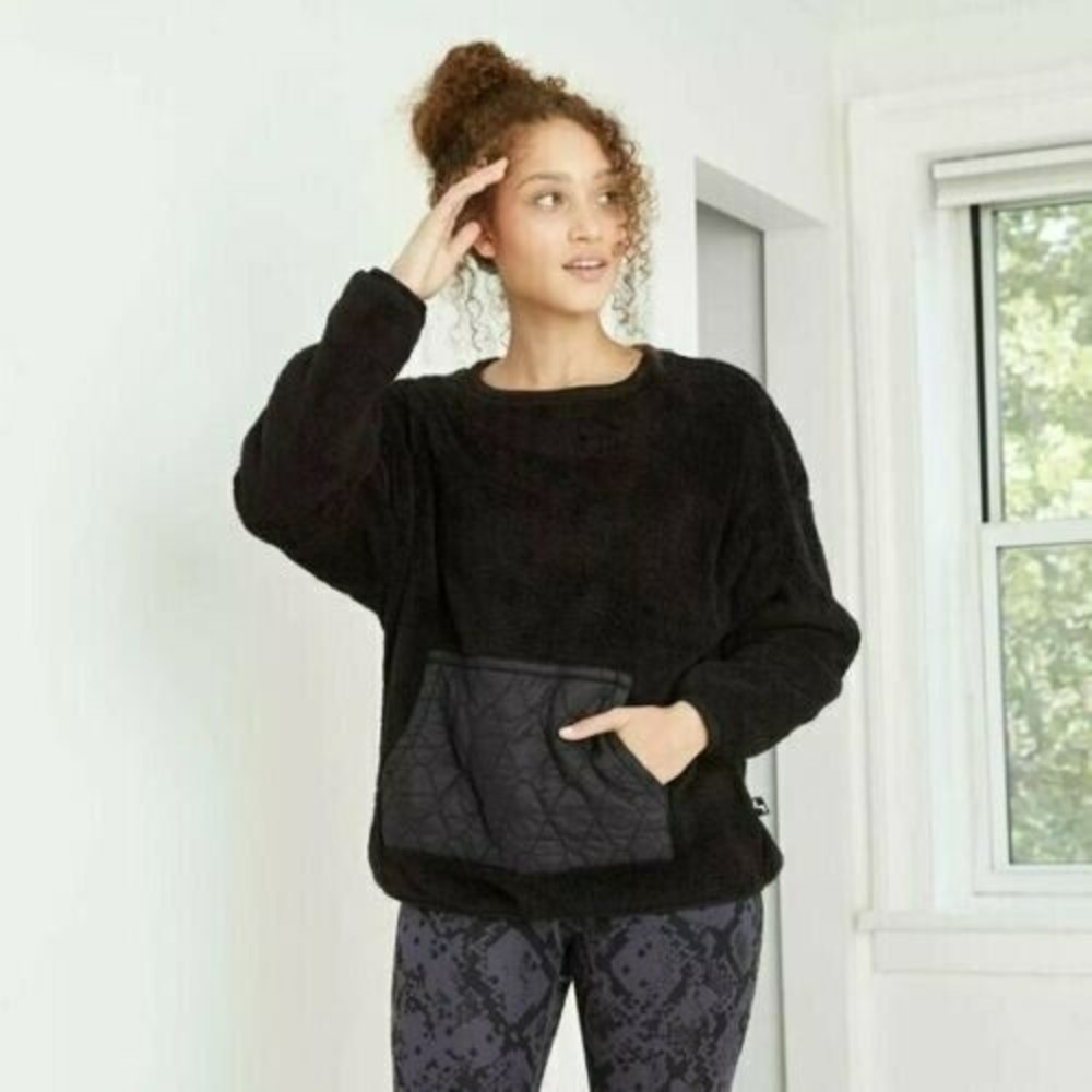 JoyLab Black High Pile Sherpa Pullover Black NWT Size XS